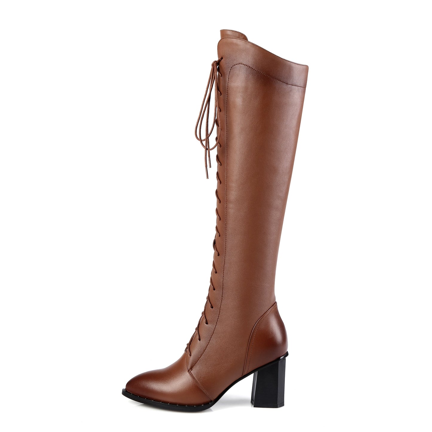 Nine Seven Women's Genuine Leather Pointed Toe Sylish Sleftie Handmade Side Zipper Mid Chunky Heel Knee High Boots