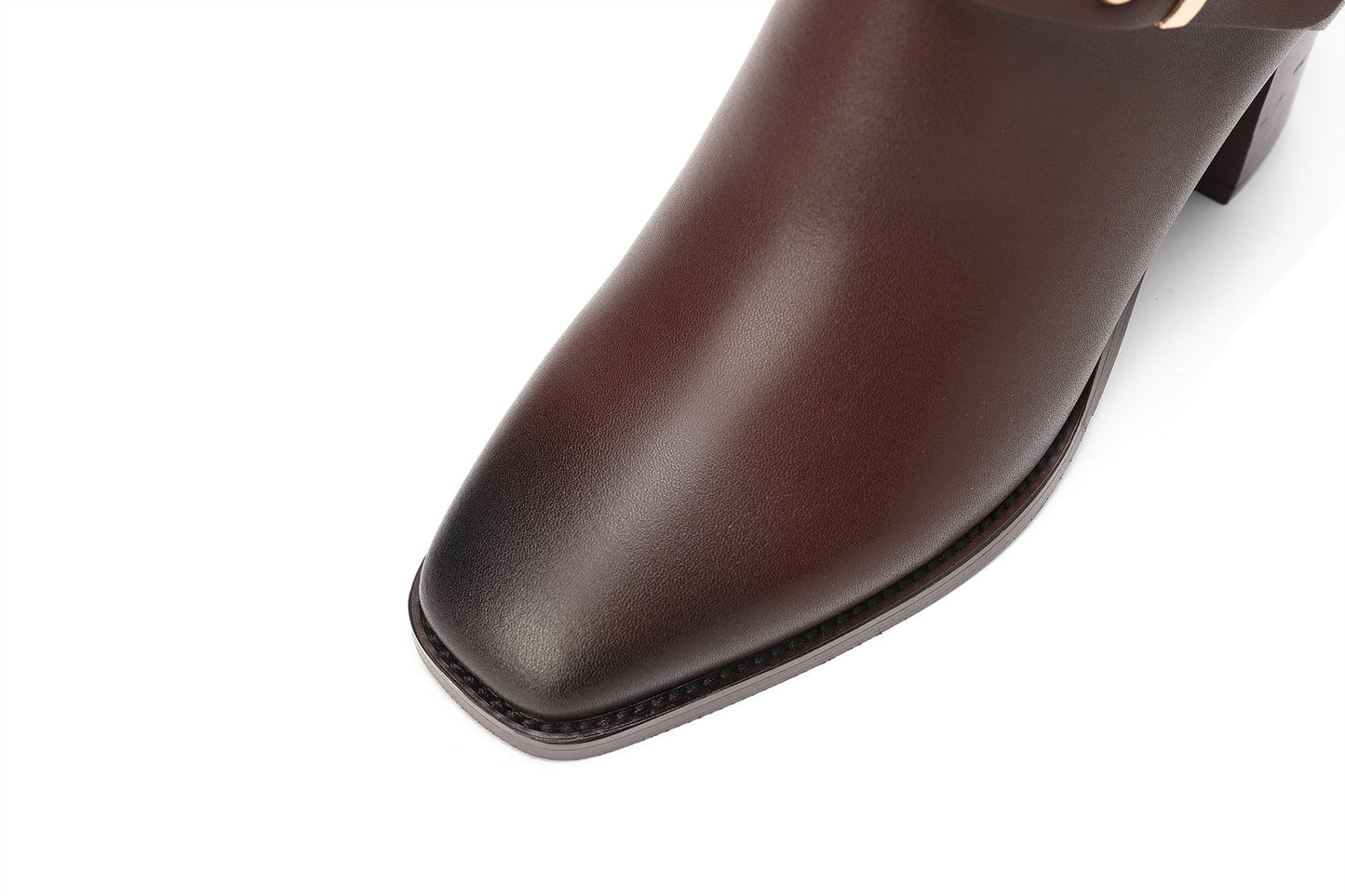 Nine Seven Women's Square Toe Handmade Genuine Leather Side Zip Buckle Mid Chunky Heel Classic Knee High Boots