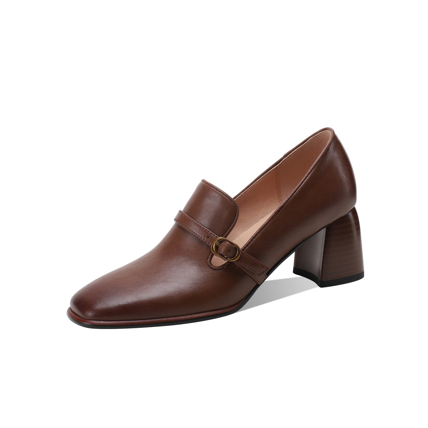 Nine Seven Women's Genuine Leather Square Toe Handmade Buckle Mid Chunky Heels Vintage Pumps Shoes