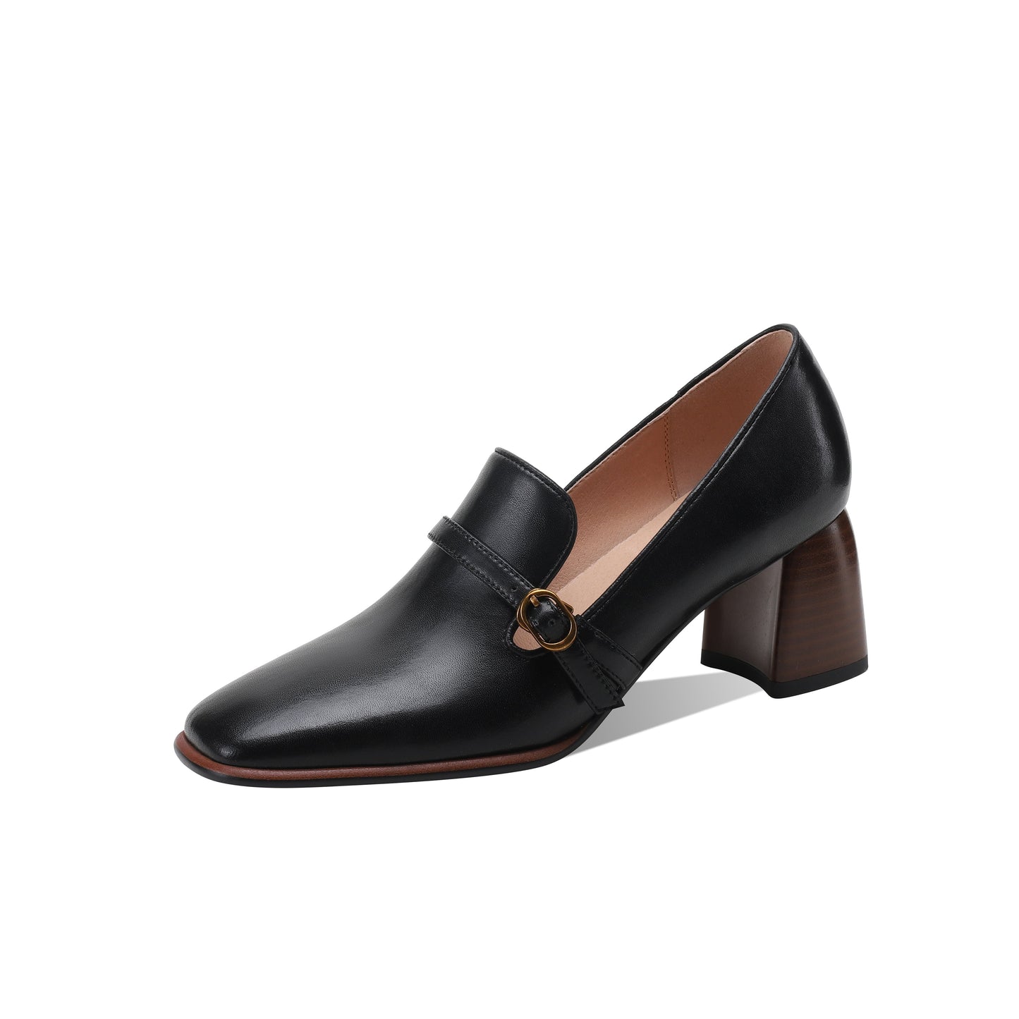 Nine Seven Women's Genuine Leather Square Toe Handmade Buckle Mid Chunky Heels Vintage Pumps Shoes