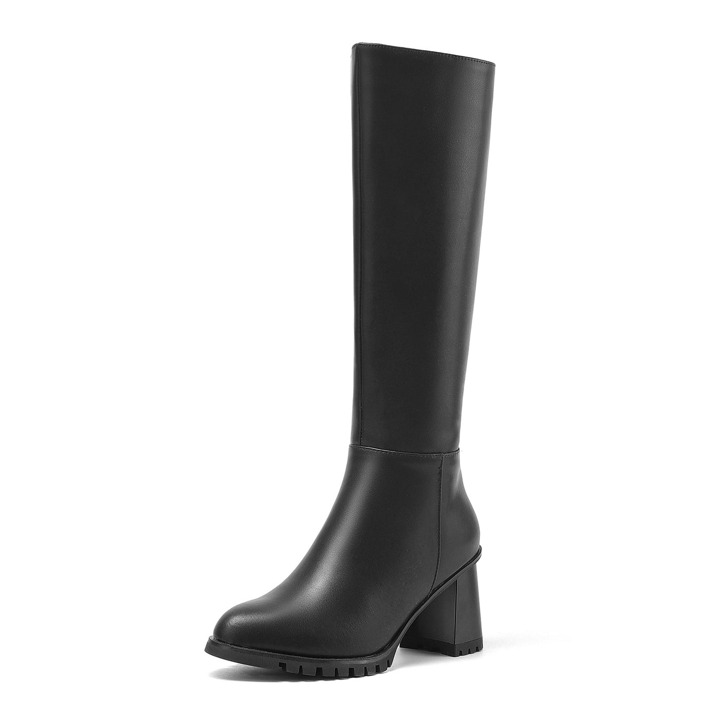 Nine Seven Women's Round Toe Genuine Leather Hnadmade High Chunky Heels Side Zip Up Knee High Boots