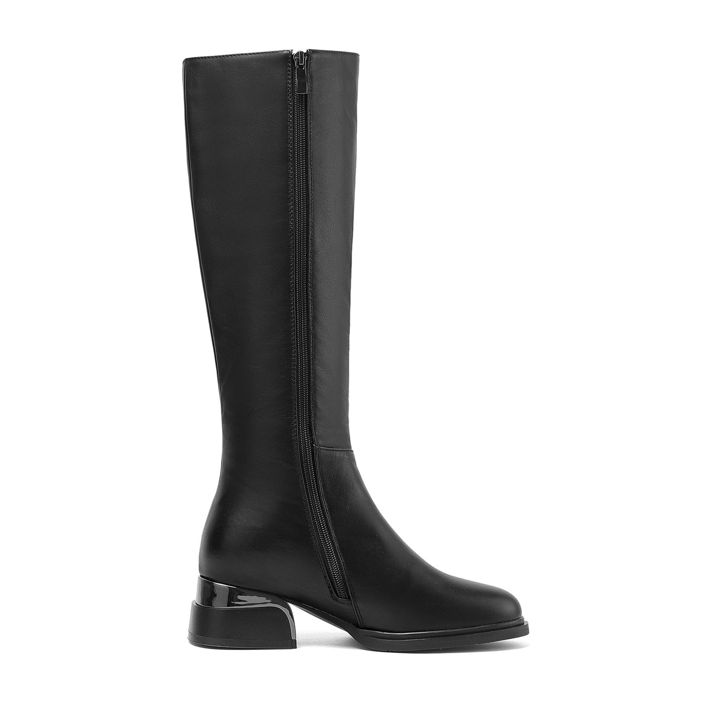 Nine Seven Women's Genuine Leather Round Toe Handmade Side Zipper Low Chunky Heels Classic Knee High Boots