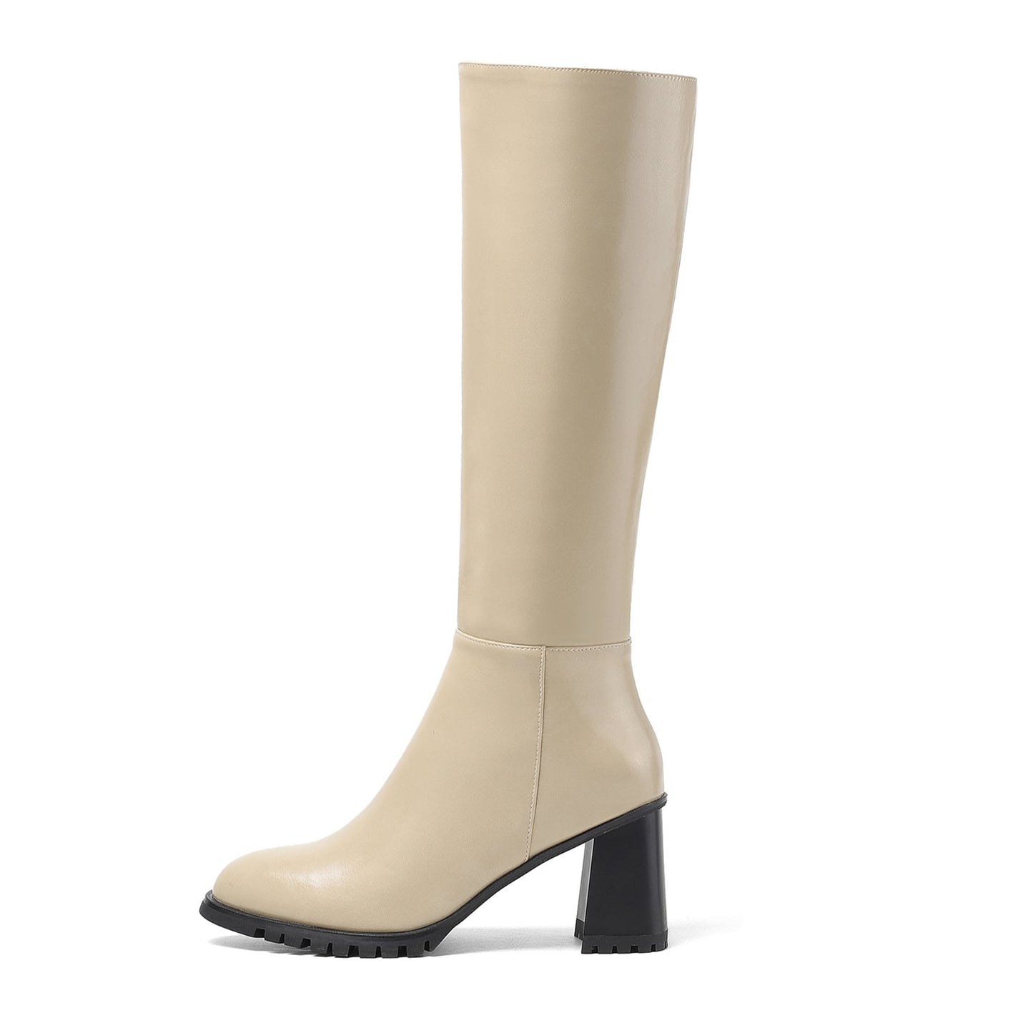 Nine Seven Women's Round Toe Genuine Leather Hnadmade High Chunky Heels Side Zip Up Knee High Boots