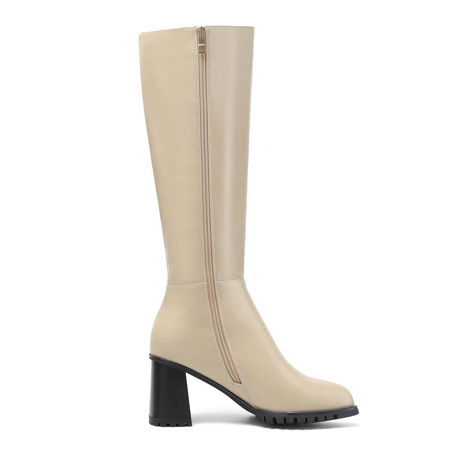 Nine Seven Women's Round Toe Genuine Leather Hnadmade High Chunky Heels Side Zip Up Knee High Boots