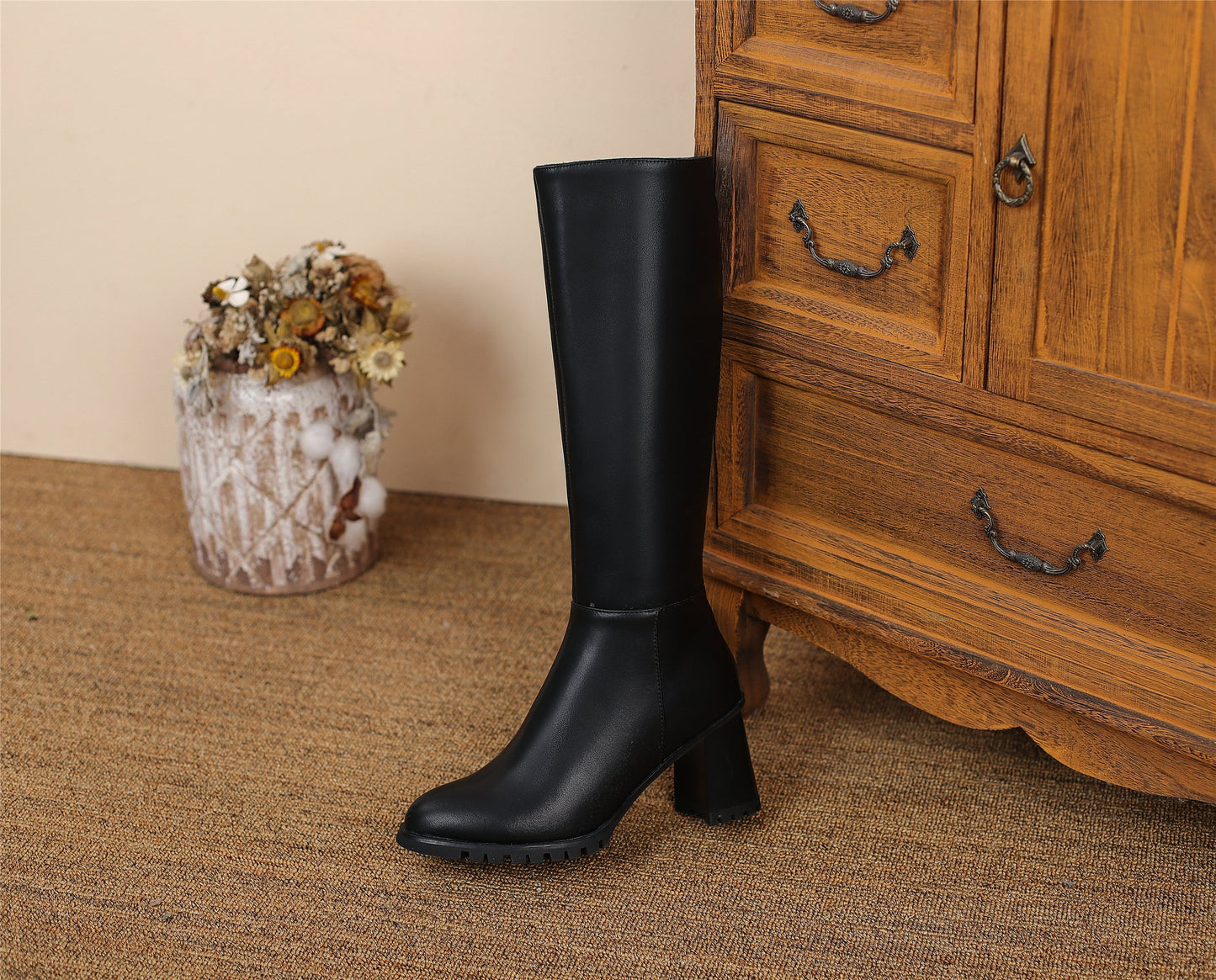 Nine Seven Women's Round Toe Genuine Leather Hnadmade High Chunky Heels Side Zip Up Knee High Boots