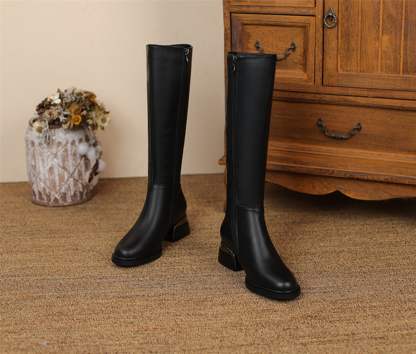 Nine Seven Women's Round Toe Genuine Leather Hnadmade High Chunky Heels Side Zip Up Knee High Boots