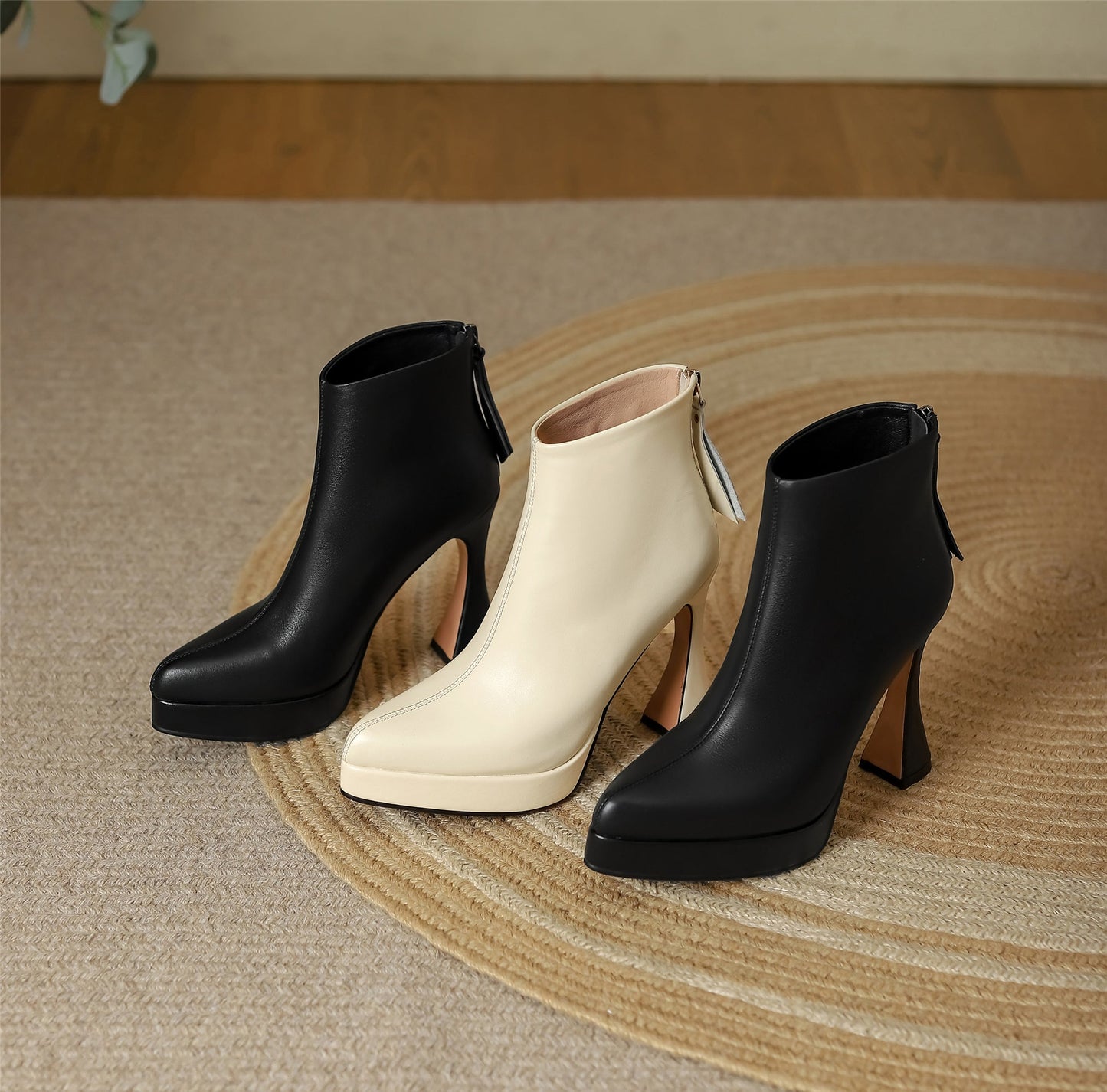 Nine Seven Women's Pointed Toe Genuine Leather Handmade Back Zipper High Spool Heels Ankle Boots with Platform