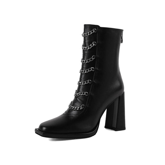 Nine Seven Women's Square Toe Genuine Leather Handmade Chains Deocr High Chunky Heel Boots with Back Zipper