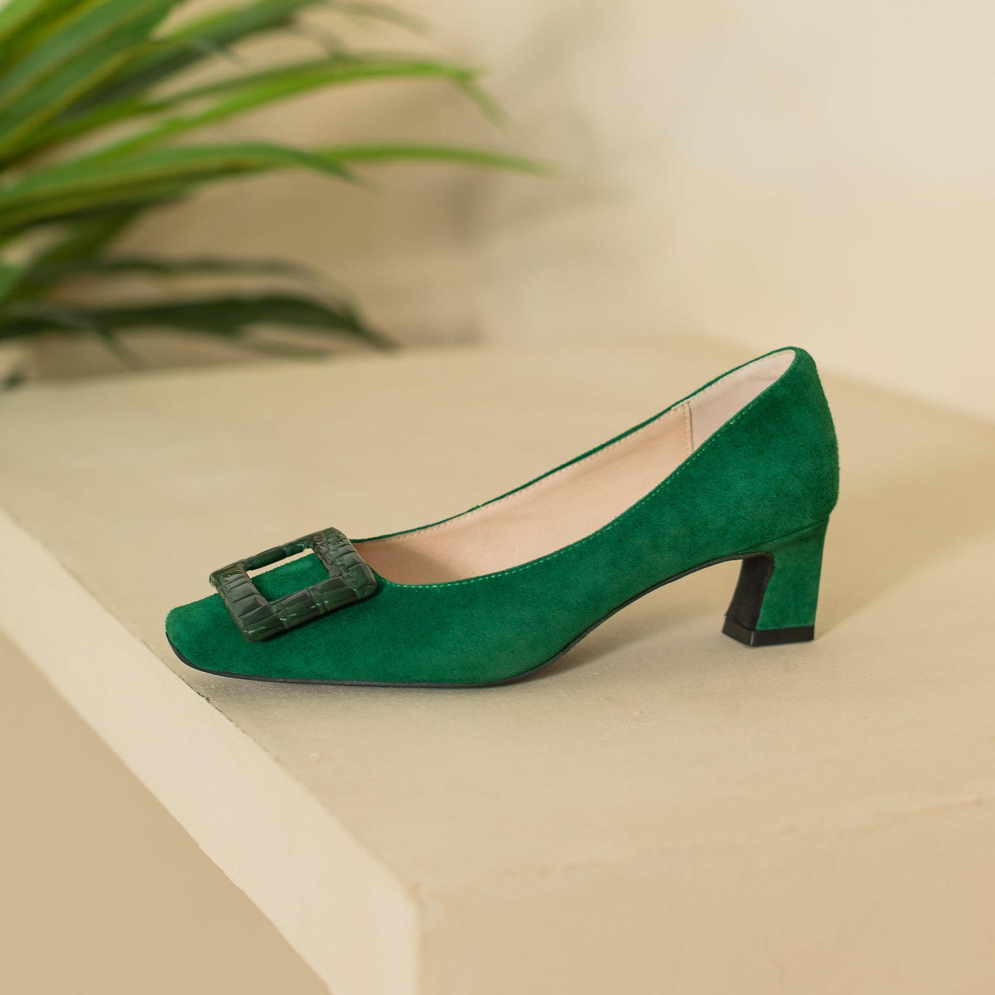 Nine Seven Women's Square Toe Suede Leather Handmade Buckle Low Chunky Heels Chic Pumps Shoes