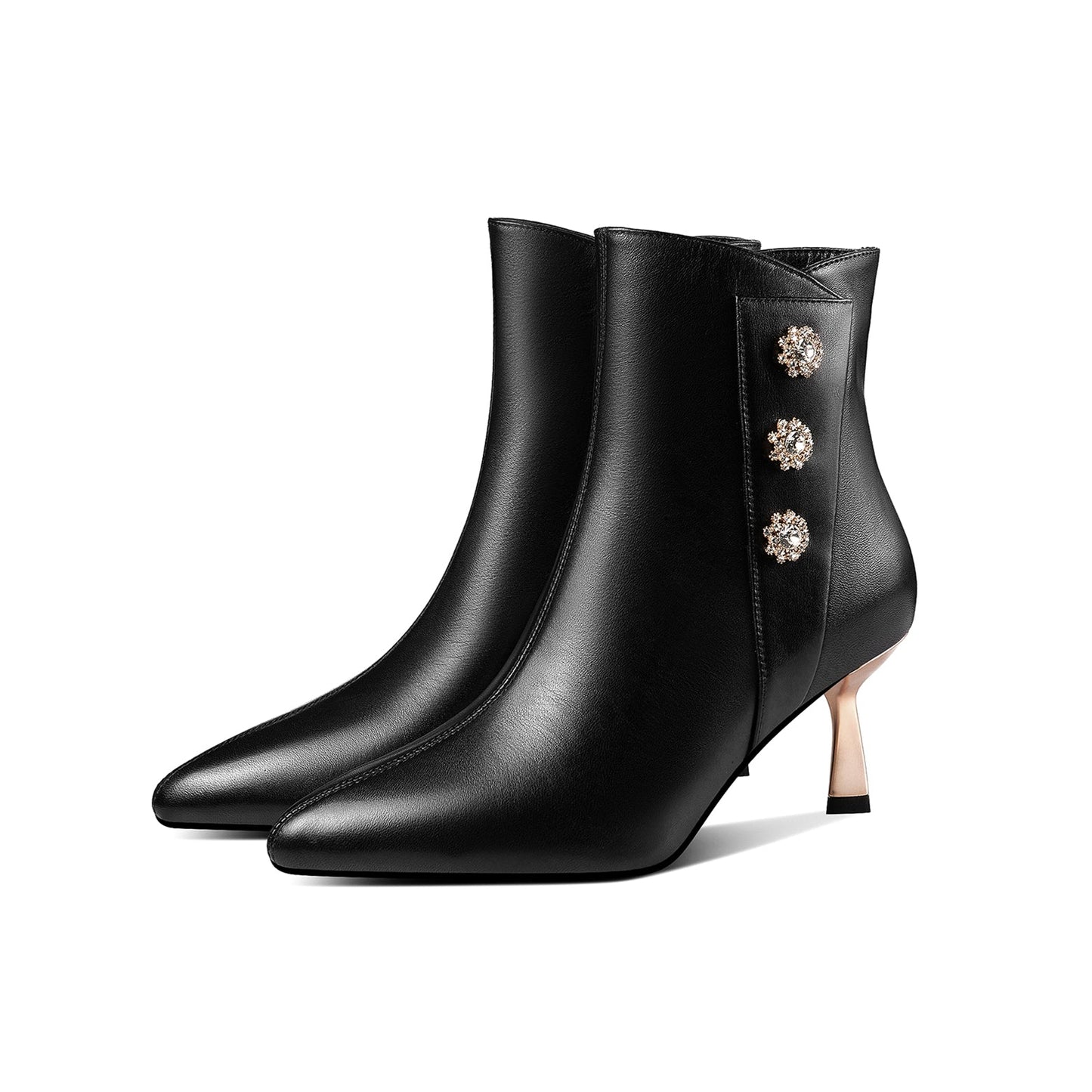 Nine Seven Handmade Women's Genuine Leather Side Zip Up Metal Heel Pointed Toe Ankle Booties with Glitter Flowers