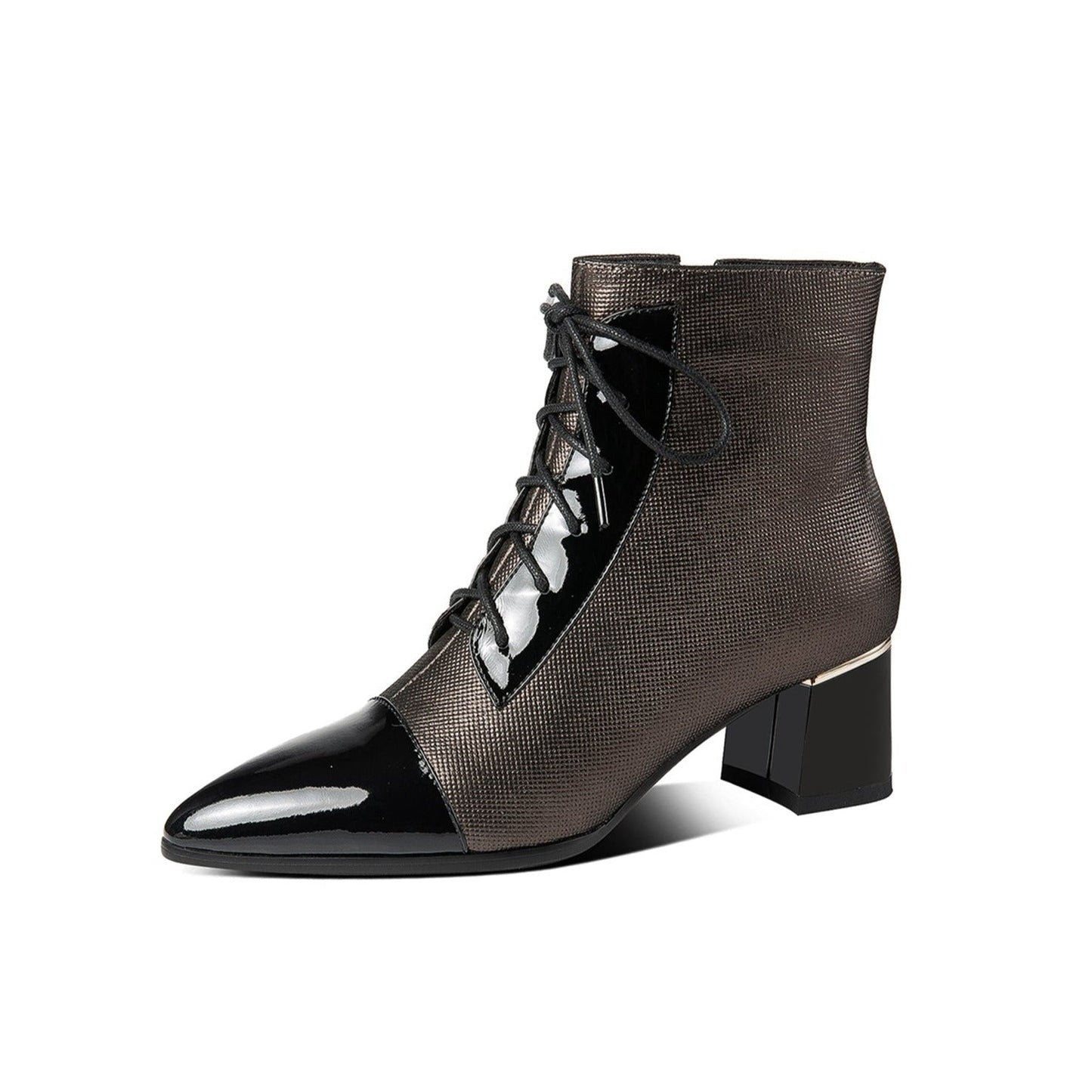 Nine Seven Women's Handmade Patent Genuine Leather Mid Heel Side Zip Up Cap-Toe Ankle Boots with Front Band Design