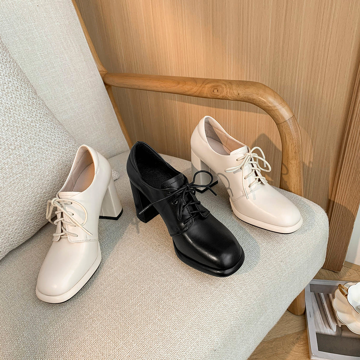 Nine Seven Women's Genuine Leather Square Toe Handmade Lace-Up High Chunky Heels Chic Oxford Shoes with Platform