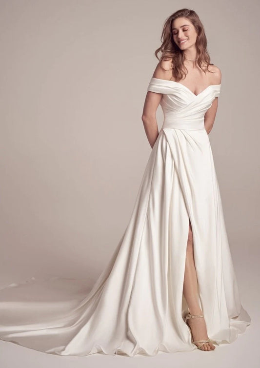 Nine Seven Off Shoulder Pleated Satin Side Slit  A-Line Wedding Dress Customization