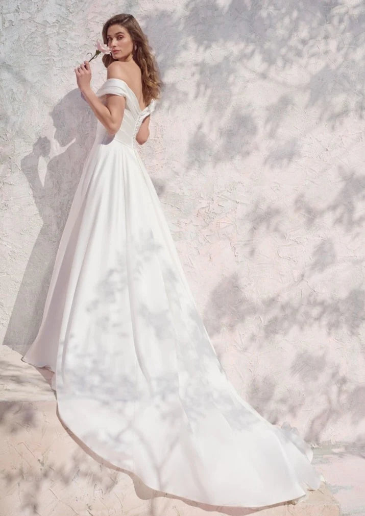 Nine Seven Off Shoulder Pleated Satin Side Slit  A-Line Wedding Dress Customization