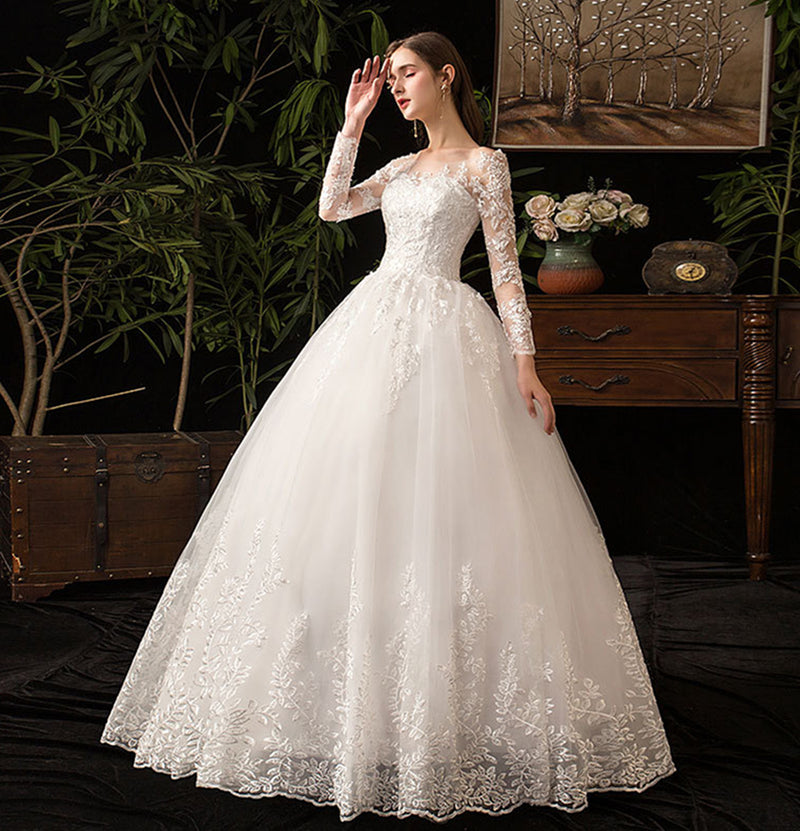 Nine Seven Bridal Dresses Jewel Neck Long Sleeve Appliques A-Line Wedding Dress