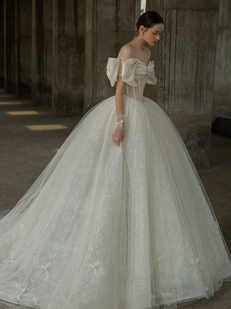 Nine Seven Off Shoulder Bowknot Glitter Sequines Lace Ball Grown Wedding Dress