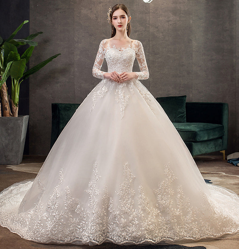 Nine Seven Bridal Dresses Jewel Neck Long Sleeve Appliques A-Line Wedding Dress