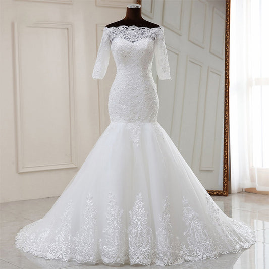 Nine Seven Mermaid Sequines Appliques Off Shoulder Half Sleeve Bridal Wedding Dress