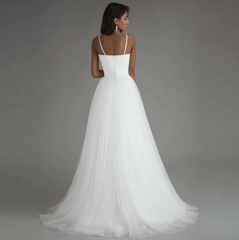 Nine Seven Spaghetti Strap Zip Up Sleeveless Bridal A-Line Minimalist Style White Wedding Dress