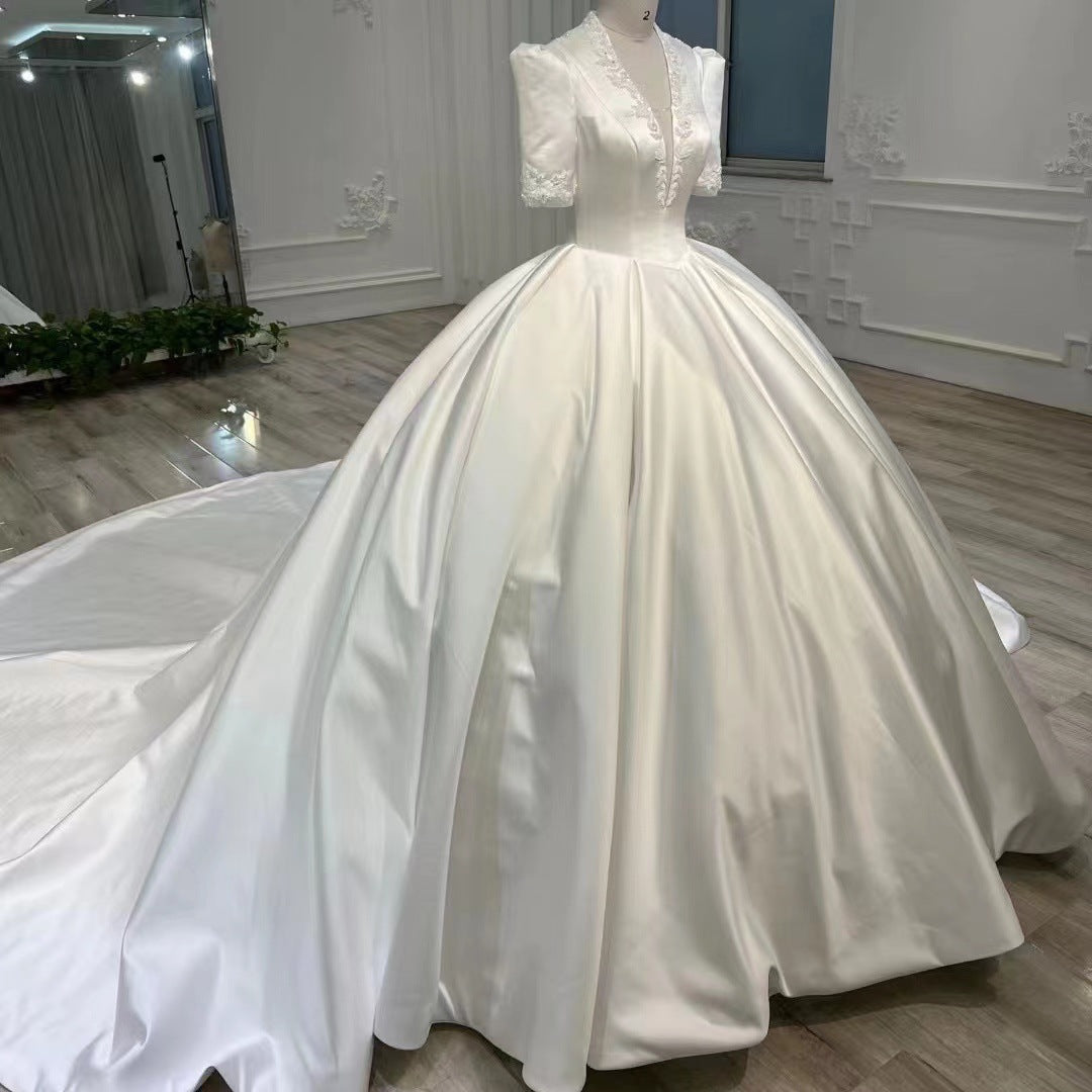 Nine Seven Appliques Plunging V-Neck Half Sleeves Ball Grown Satin Court Wedding Dress