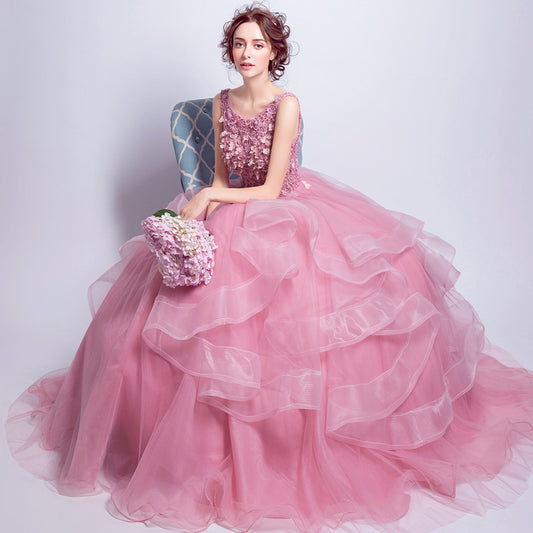 Nine Seven Princess Ruffle Pink Wedding Dresses for Bride Lace Up Bridal Gowns with Embroidery Flower