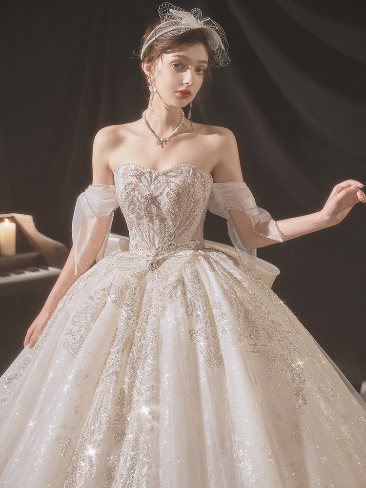 Nine Seven Pearls Sequins Off Shoulder Sleeveless Bowknot Decor Court princess Ball Grown Wedding Dress