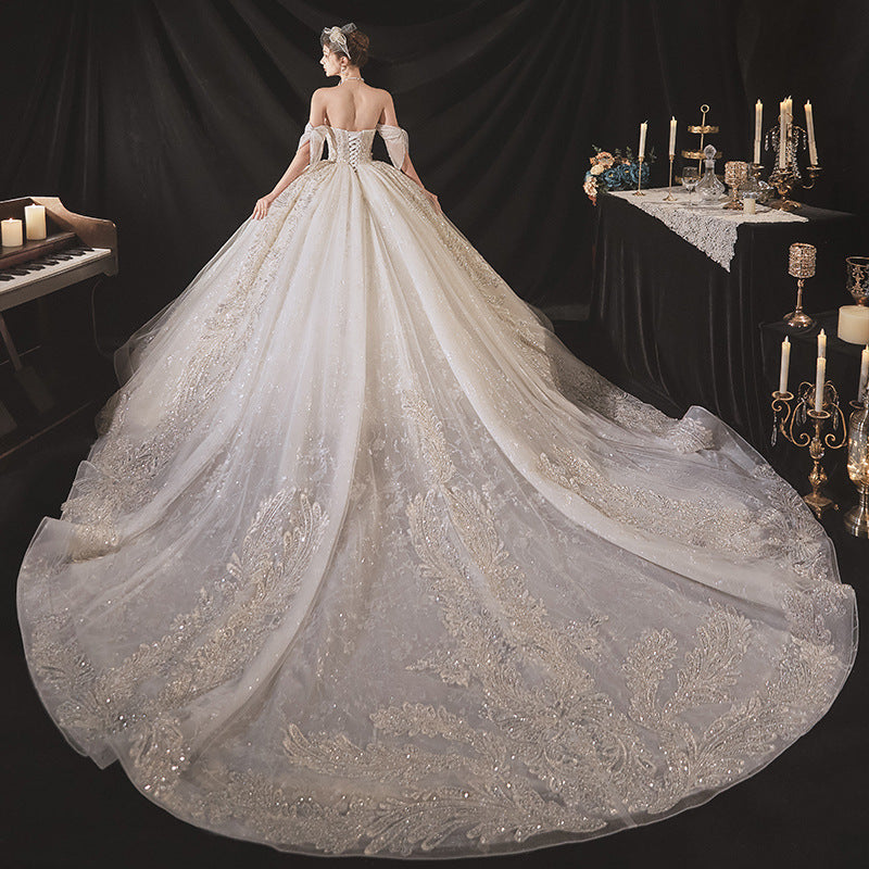 Nine Seven Pearls Sequins Off Shoulder Sleeveless Bowknot Decor Court princess Ball Grown Wedding Dress