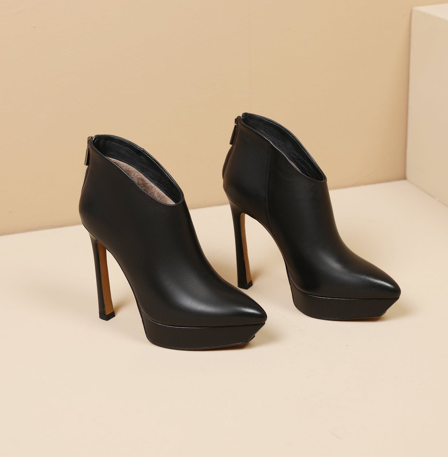 Nine Seven Handmade Women's Genuine Leather Platform Back Zipper Pointed Toe High Stiletto Heel Ankle Boots Shoes