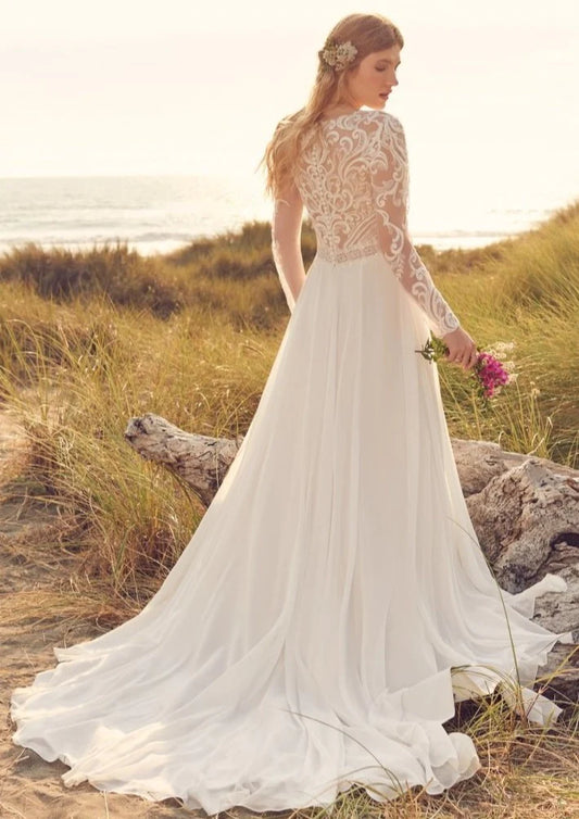 Nine Seven V-Neck Lace Appliques Long Sleeves Thigh-High Slit A-Line Wedding Dress Customization