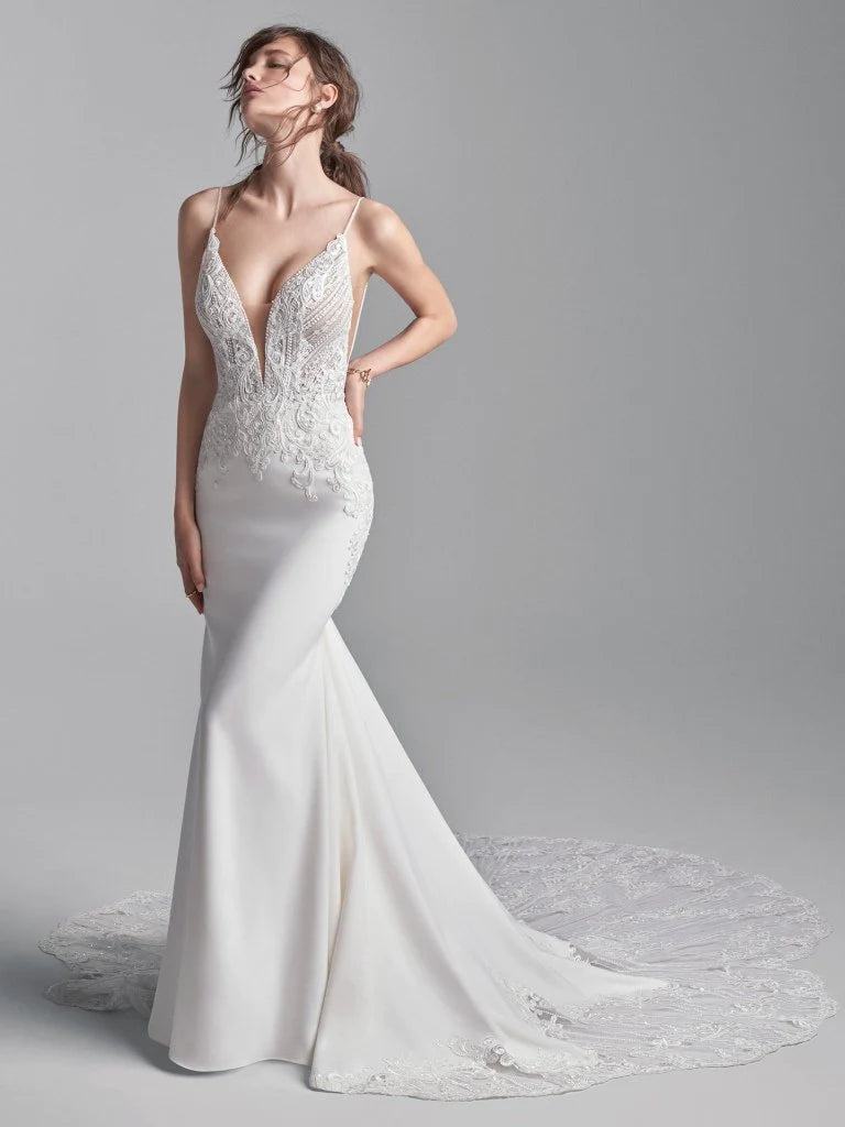 Nine Seven Pluging V-Neck Appliques Spaghetti Strap Detachable Off Shoulder Deep V Back Petal-Shaped Train Wedding Dress Customization
