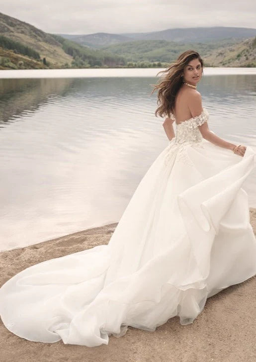 Nine Seven Off Shoulder Appliques Draped Ruffle A-Line Wedding Dress Customization