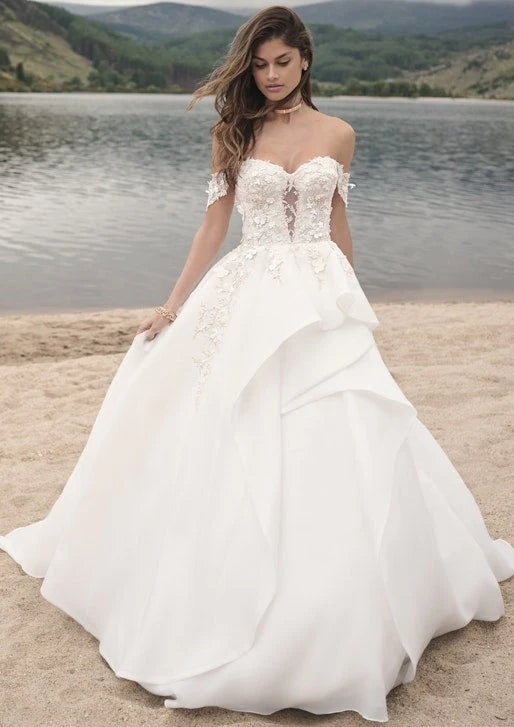 Nine Seven Off Shoulder Appliques Draped Ruffle A-Line Wedding Dress Customization