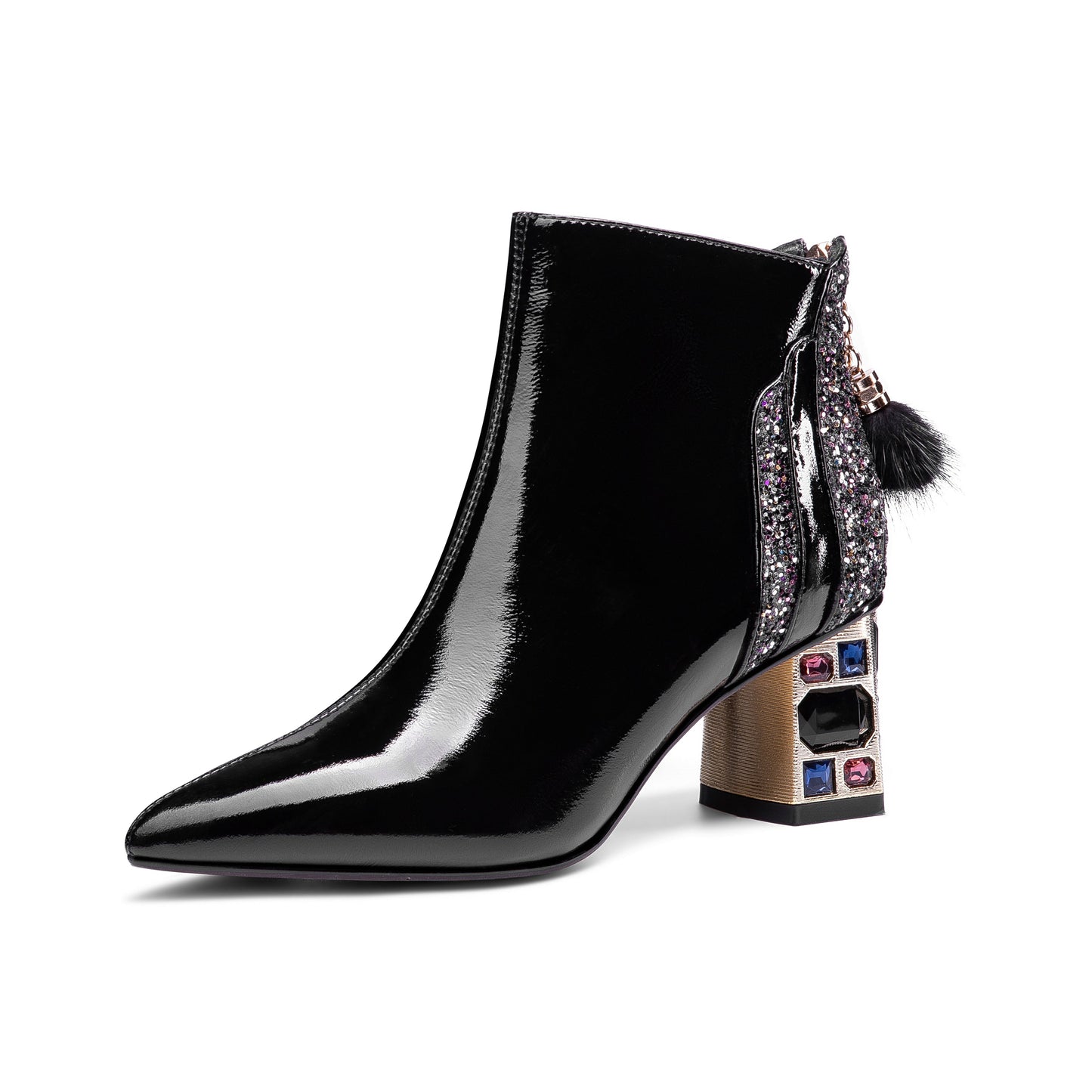 Nine Seven Women's Patent Leather Handmade Crystal Mid Chunky Heel Back Zipper Pointed Toe Plus-Size Ankle Boots With Glitter and Fur Pendant