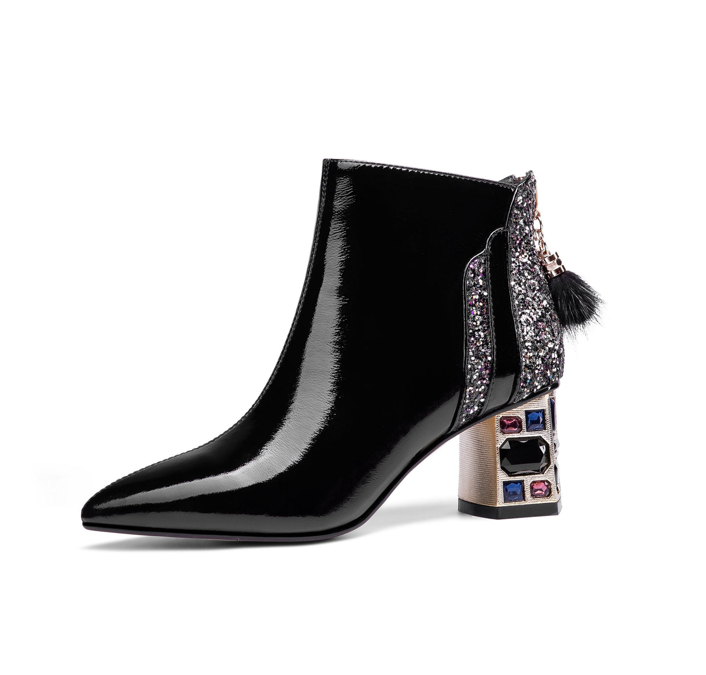 Nine Seven Women's Patent Leather Handmade Crystal Mid Chunky Heel Back Zipper Pointed Toe Plus-Size Ankle Boots With Glitter and Fur Pendant