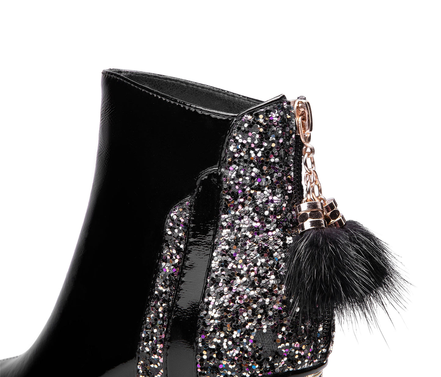 Nine Seven Women's Patent Leather Handmade Crystal Mid Chunky Heel Back Zipper Pointed Toe Plus-Size Ankle Boots With Glitter and Fur Pendant