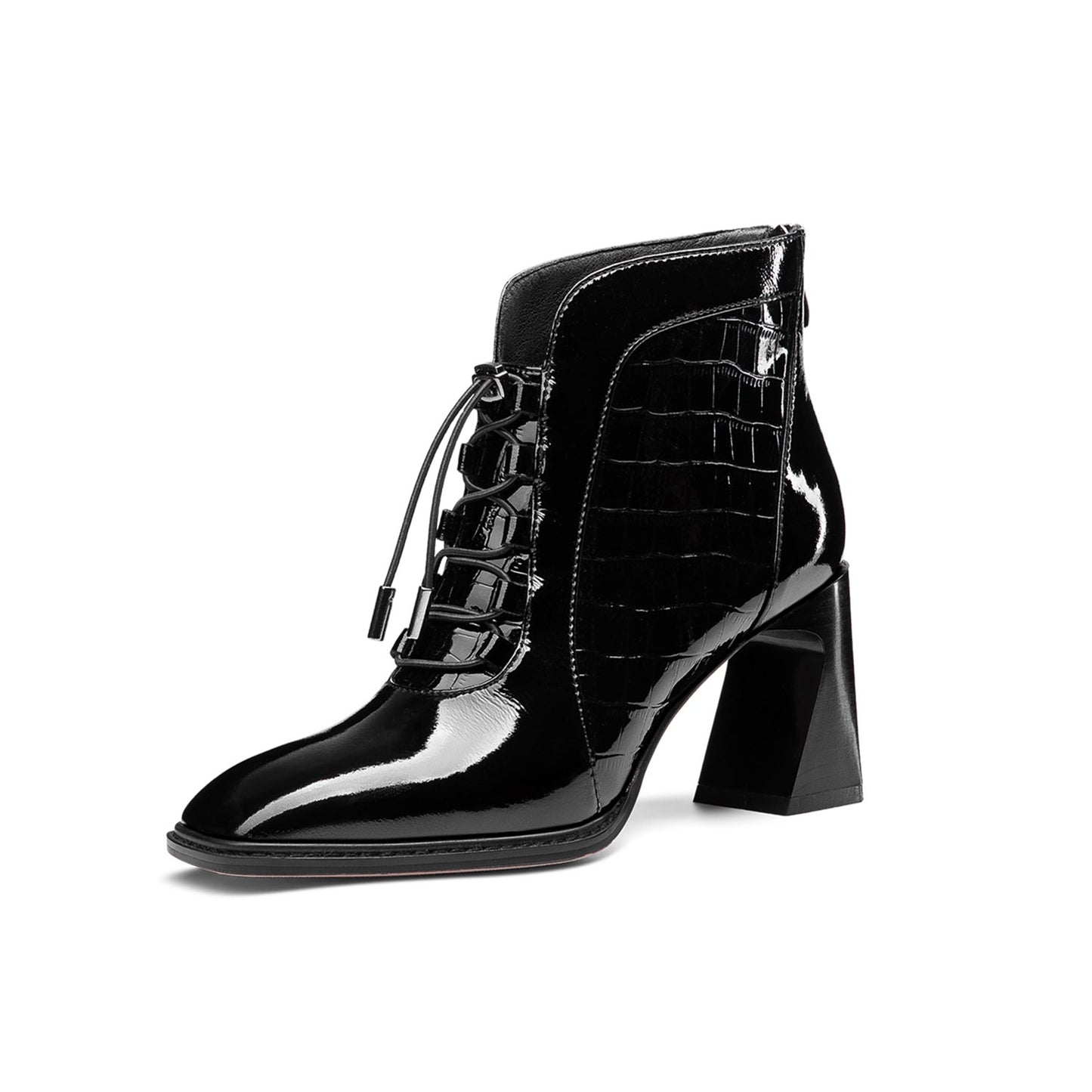 Nine Seven Women's Handmade Patent Leather Classic Square Toe High Spool Heel Back Zip Up Short Dressing Boots with Band