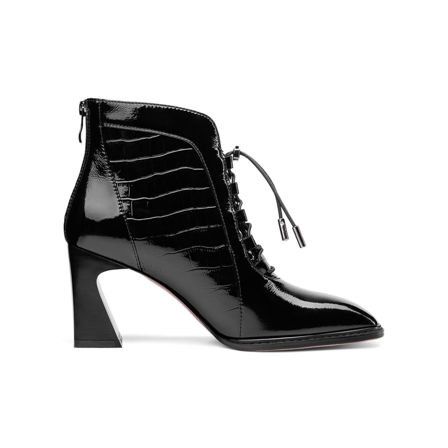 Nine Seven Women's Handmade Patent Leather Classic Square Toe High Spool Heel Back Zip Up Short Dressing Boots with Band