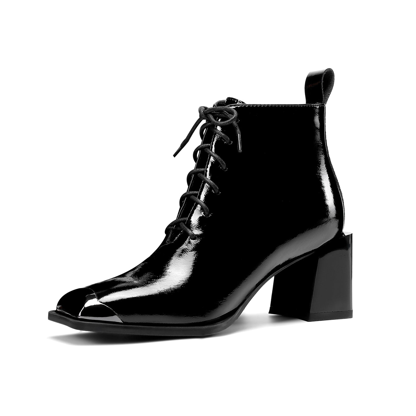 Nine Seven Women's Handmade Patent Leather Classic Square Toe Mid Block Heel Side Zip Lace Up Stylish Ankle Boots