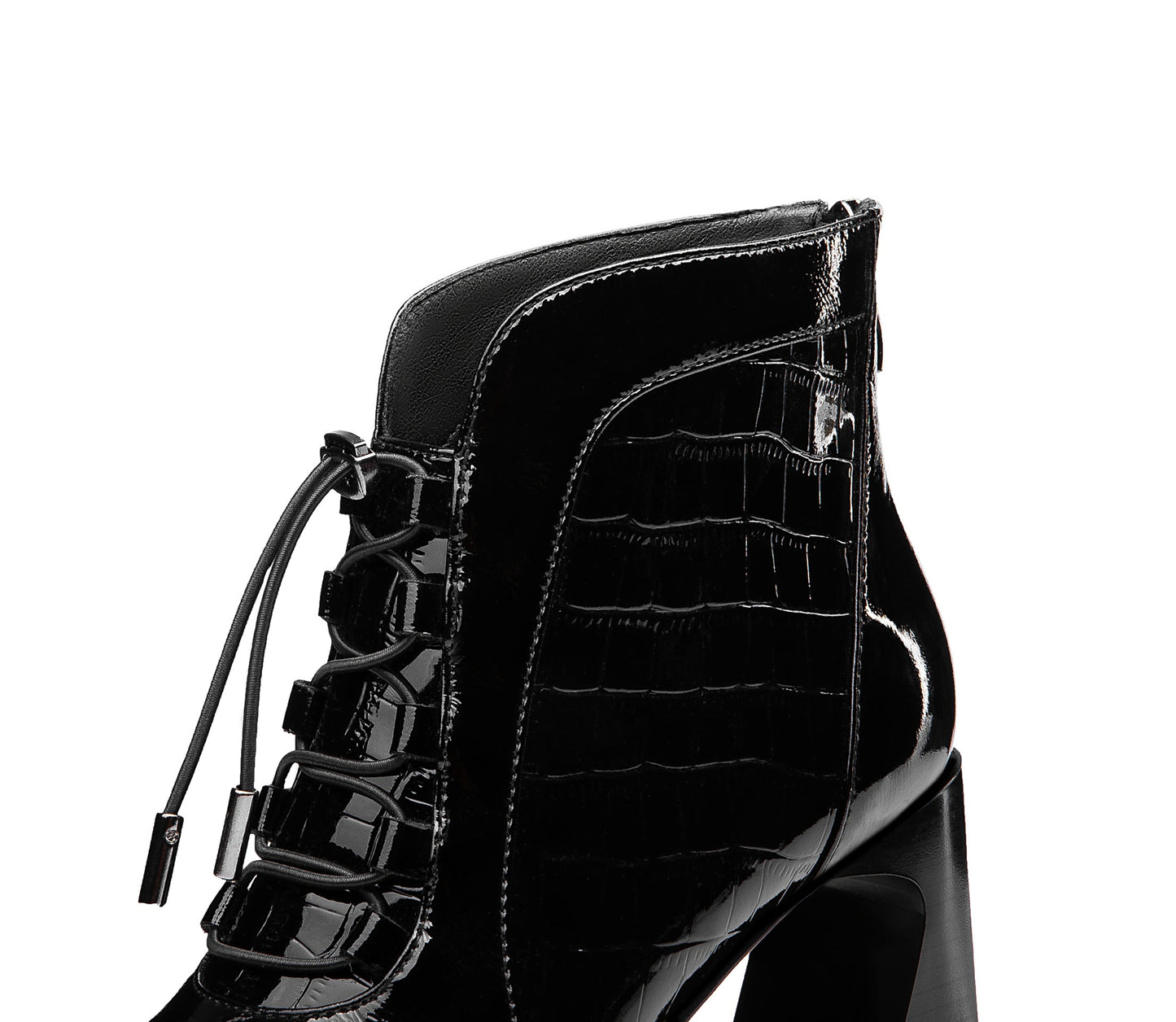 Nine Seven Women's Handmade Patent Leather Classic Square Toe High Spool Heel Back Zip Up Short Dressing Boots with Band