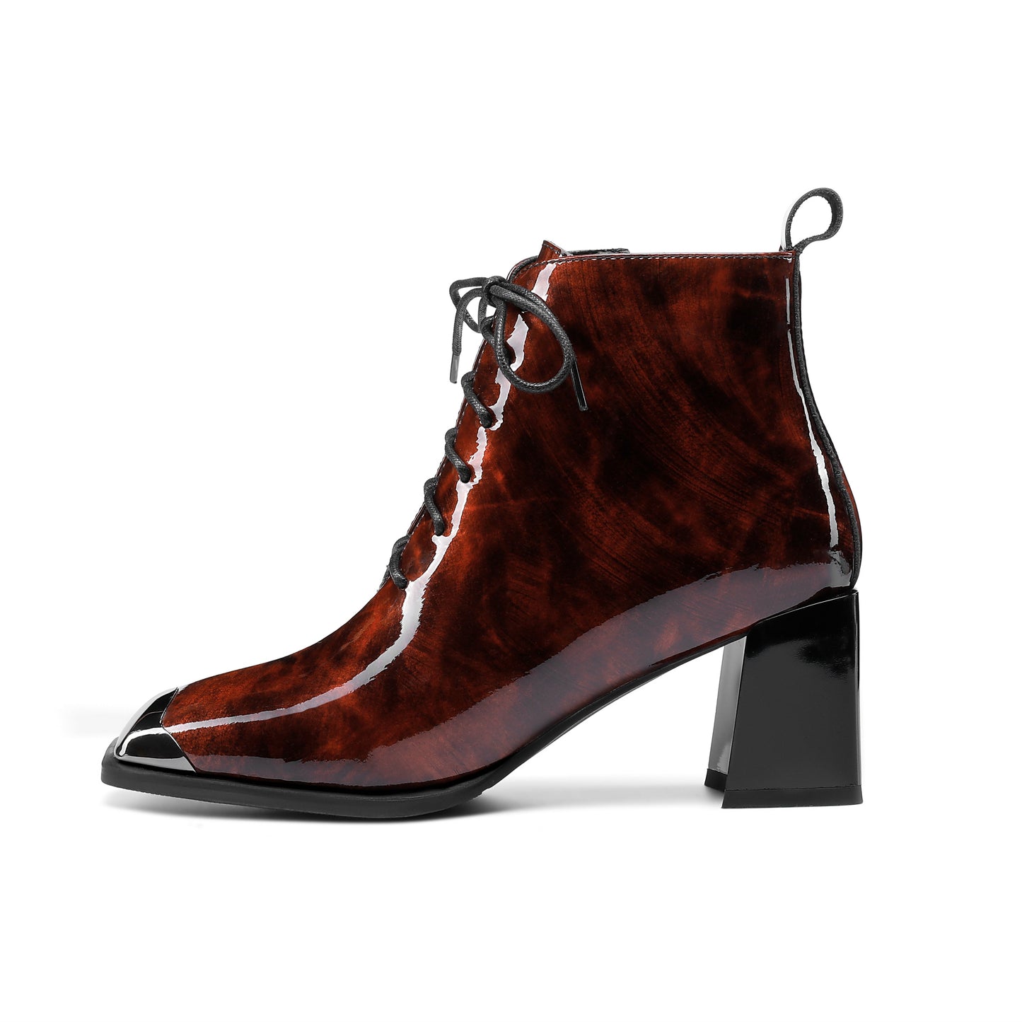 Nine Seven Women's Handmade Patent Leather Classic Square Toe Mid Block Heel Side Zip Lace Up Stylish Ankle Boots