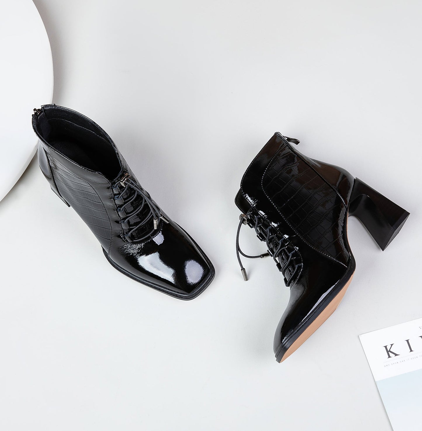 Nine Seven Women's Handmade Patent Leather Classic Square Toe High Spool Heel Back Zip Up Short Dressing Boots with Band