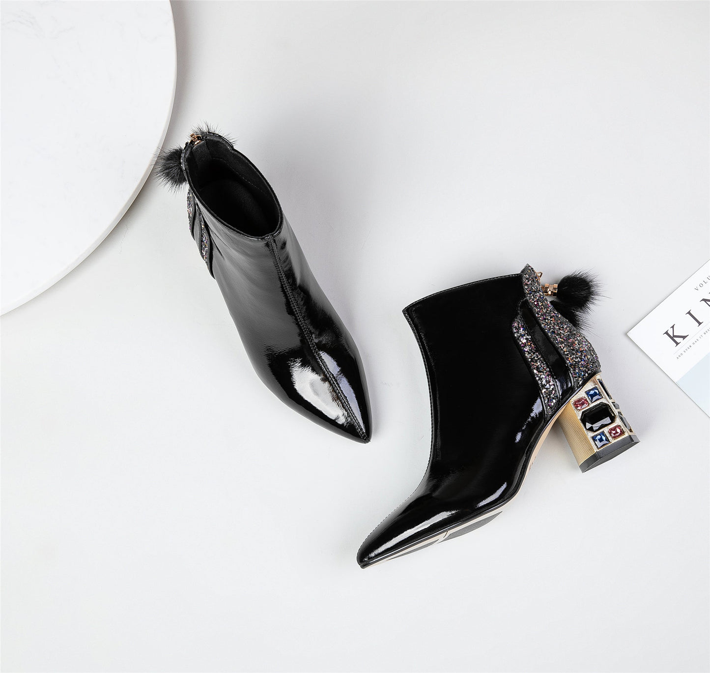 Nine Seven Women's Patent Leather Handmade Crystal Mid Chunky Heel Back Zipper Pointed Toe Plus-Size Ankle Boots With Glitter and Fur Pendant