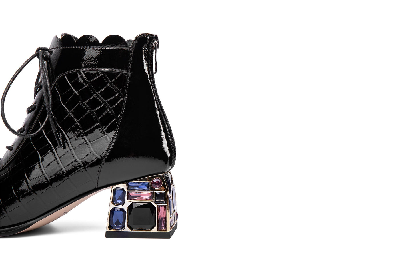 Nine Seven Women's Glossy Patent Leather Handmade Colorful Crystal Mid Chunky Heel Round Toe Back Zipper Ankle Boots with Selftie