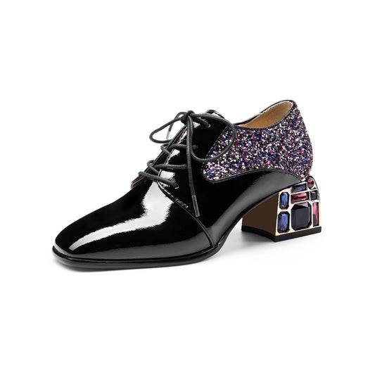Nine Seven Glossy Patent Leather Women's Handmade Classic Square Toe Crystal Mid Chunky Heel Lace Up Glitter Decor Pump Shoes