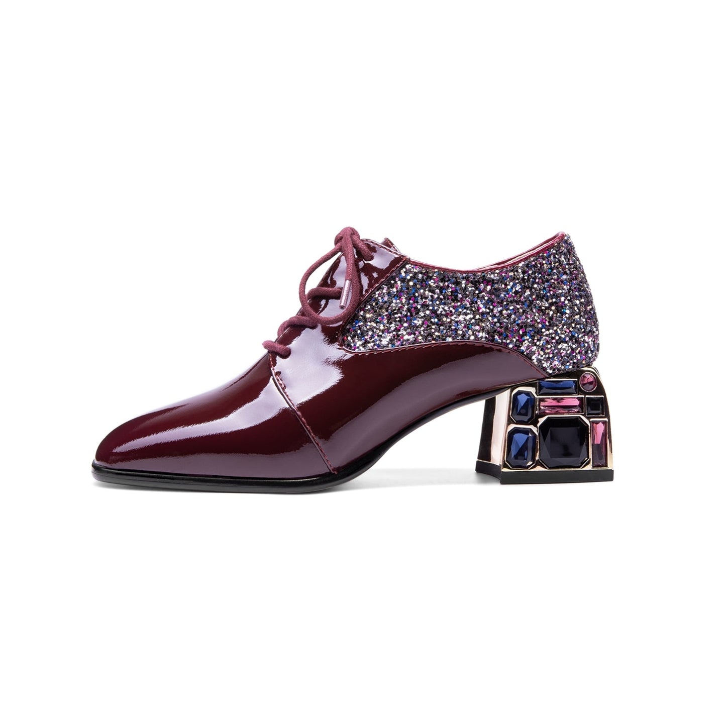 Nine Seven Glossy Patent Leather Women's Handmade Classic Square Toe Crystal Mid Chunky Heel Lace Up Glitter Decor Pump Shoes