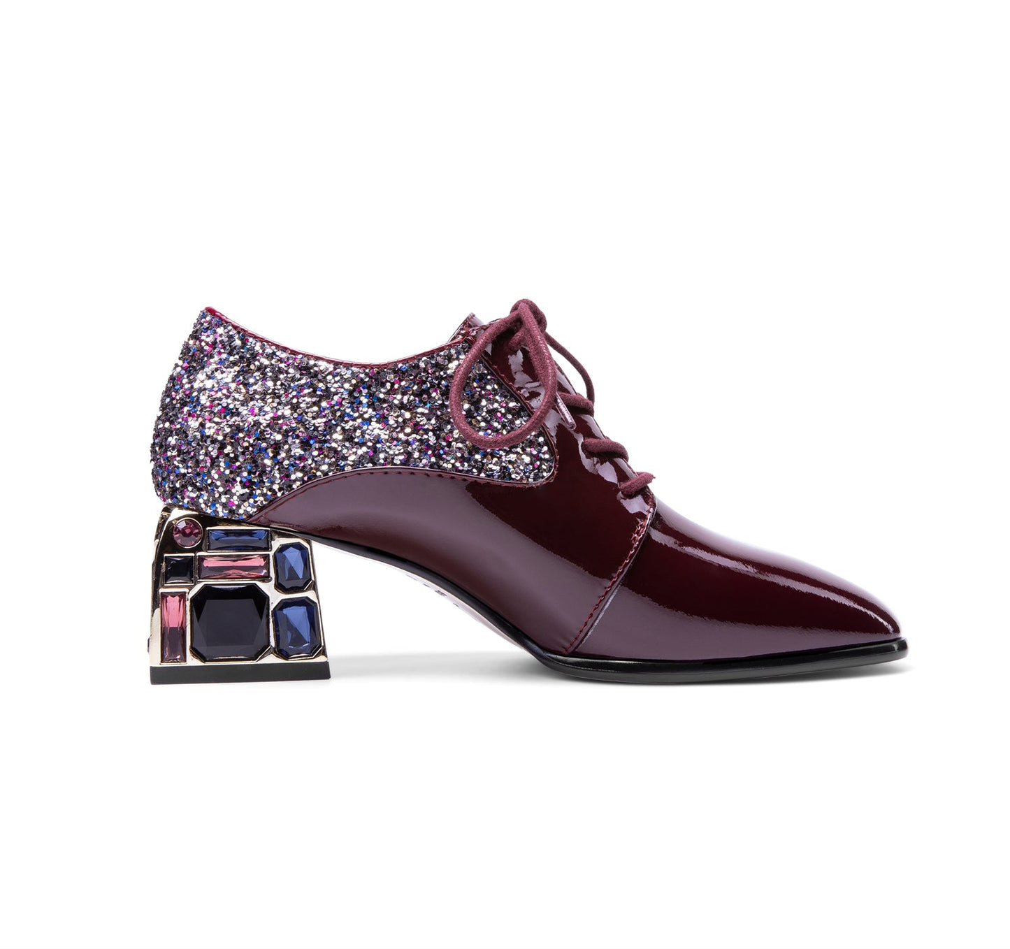 Nine Seven Glossy Patent Leather Women's Handmade Classic Square Toe Crystal Mid Chunky Heel Lace Up Glitter Decor Pump Shoes