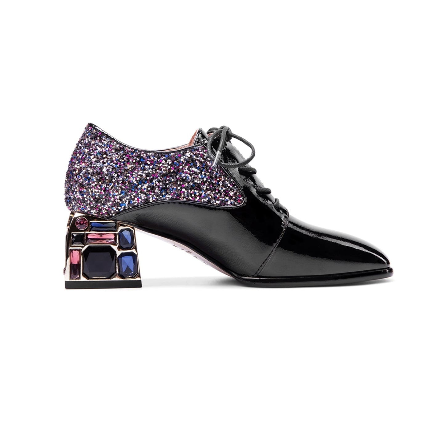 Nine Seven Glossy Patent Leather Women's Handmade Classic Square Toe Crystal Mid Chunky Heel Lace Up Glitter Decor Pump Shoes