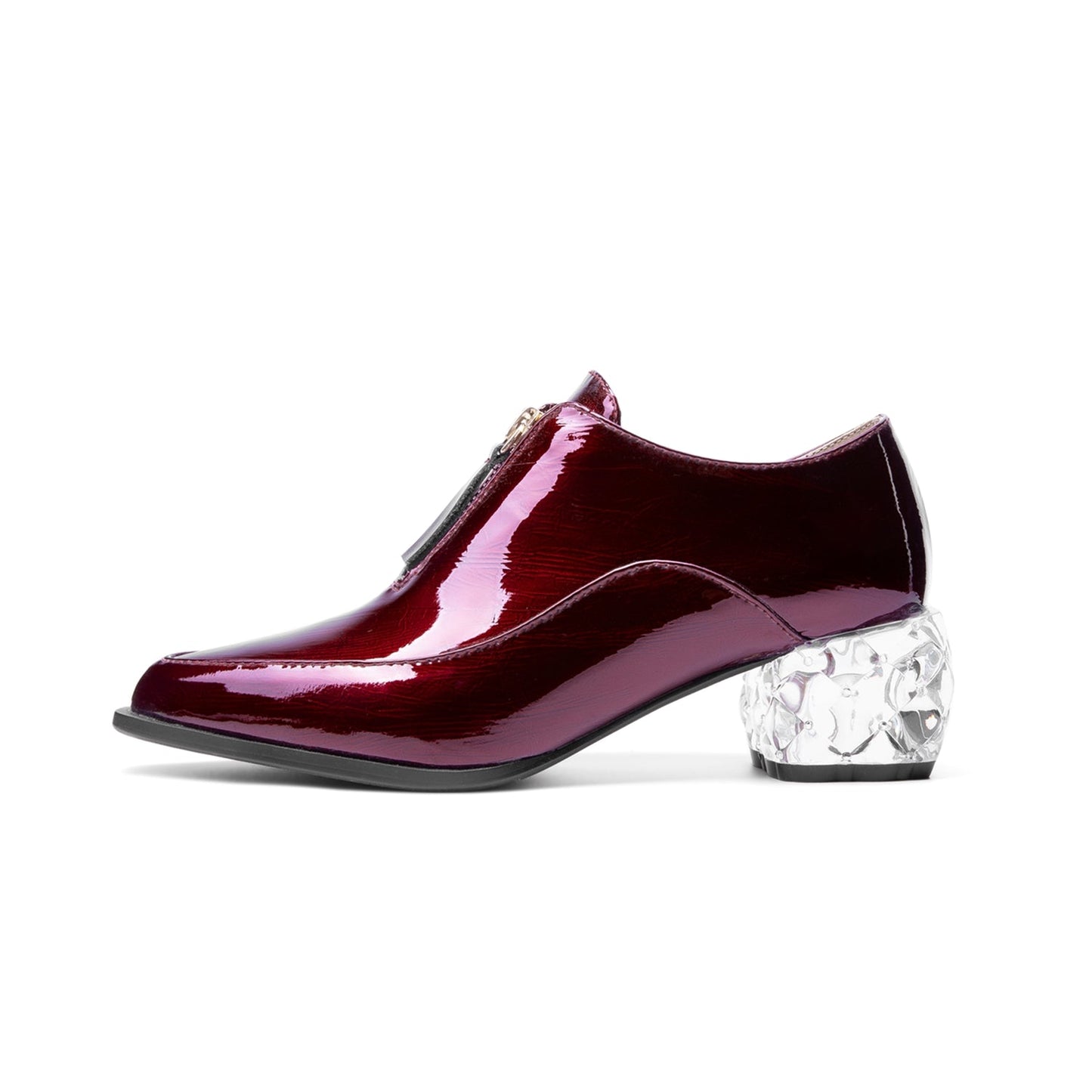 Nine Seven Women's Glossy Patent Leather Handmade Clear Pointed Toe Chunky Heel Front Zip Pumps