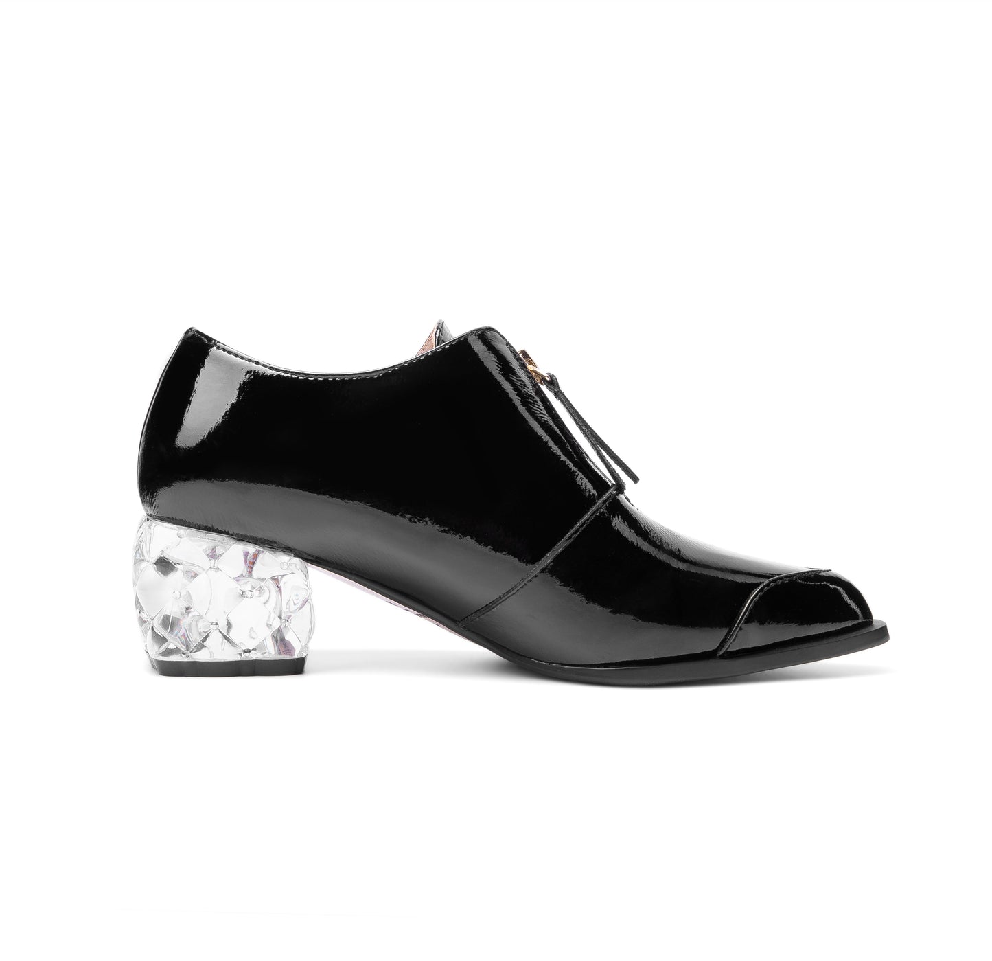 Nine Seven Women's Glossy Patent Leather Handmade Clear Pointed Toe Chunky Heel Front Zip Pumps