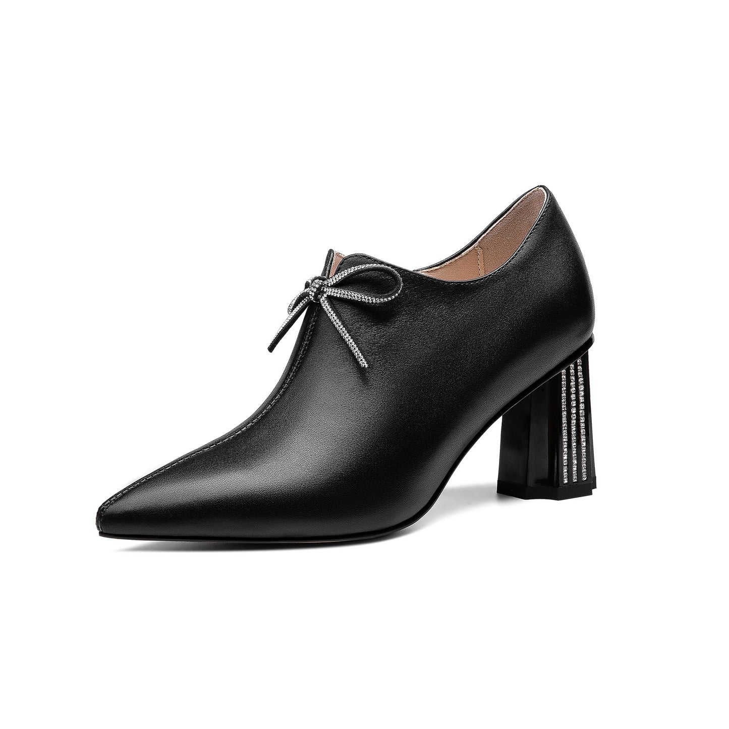 Nine Seven Women's Genuine Leather Handmade Glitter Mid Chunky Heel Pointed Toe Stylish Side Zip Pump Shoes with Bowtie